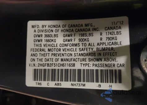 2012 Honda Civic Lx from USA, damaged, VIN 2HGFB2F51CH611658